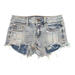 American Eagle Shortie Shorts 2 (27x2) Light Wsh Mid Rise Frayed Destroyed Denim